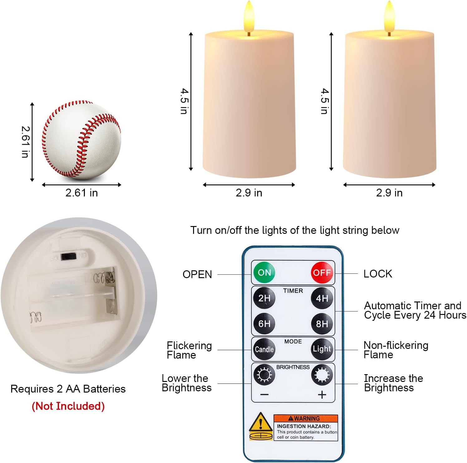 Raycare 3"x4.5" White Outdoor Waterproof Flameless Candles with Remote and Timer, Realistic LED Candles, Battery Operated Electric Fake Pillar Candles for Porch, Patio, Garden, Set of 2