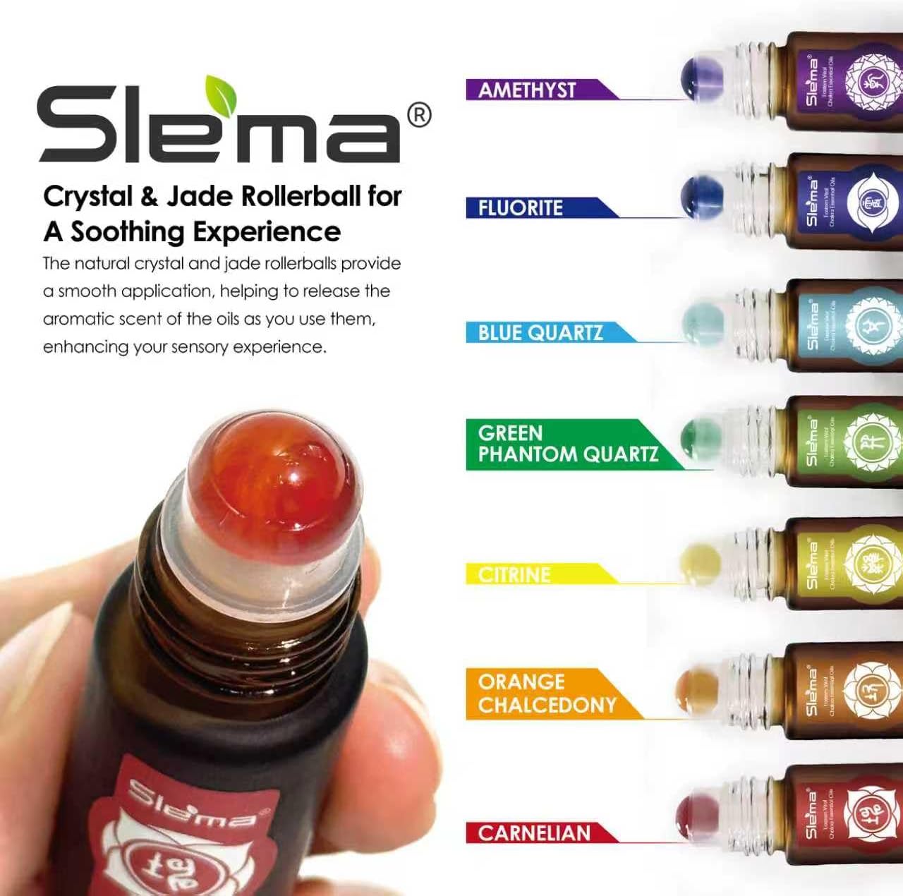 Slema 7 Chakra Essential Oil Roll-On Gift Se – 7 x 10ml Crystal & Jade Rollerballs for Mindfulness, Relaxation & Daily Self Care Rituals (7 x 10ml-Essential Oil Roller Sets)