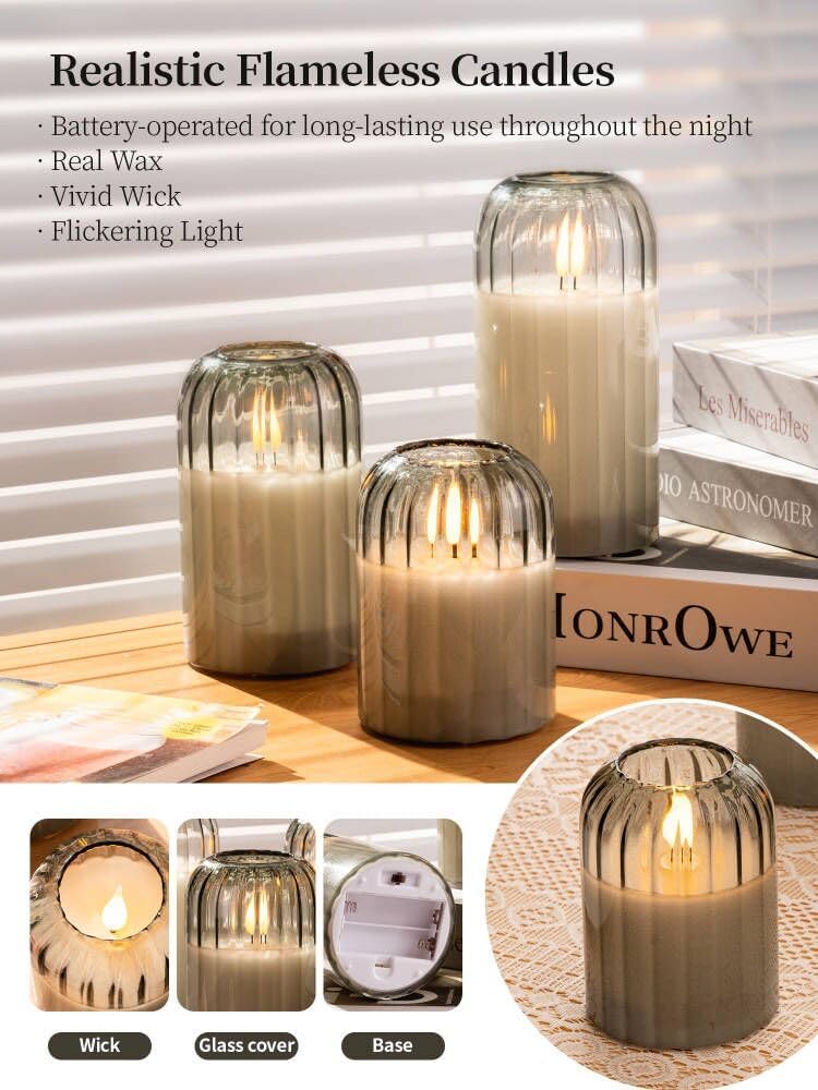 Glass Ribbed Flameless Candles - Battery Candles with Remote Timer, Green Glass LED Candles with Pumpkin Shape, Warm Light, Lasting 350 Hrs and Brightness Adjustment, Φ 3" H 4" 5" 6", Set of 3