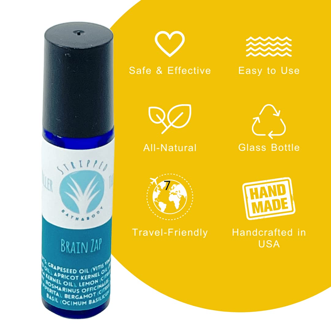 Stripped BRAIN ZAP Aromatherapy Roll On (12ml) – Energy, Focus, Mental Clarity, Inspiration – Mood Lifting Citrus, Mint, Herbal Fragrance – Natural Study Aid – Stocking Stuffer Idea (Single Bottle)