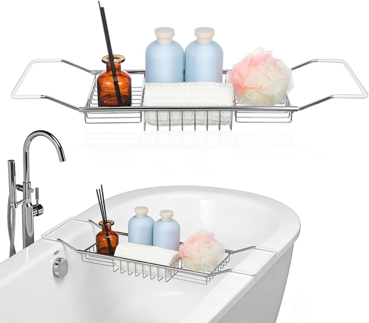 Cabilock Stainless Steel Expandable Bathtub Tray, Chrome Polished Telescopic Bath Tub Shelf, Bathroom Organizer for Soap, Shampoo, Phone and Sundries