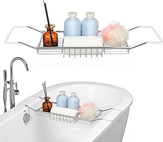 Cabilock Stainless Steel Expandable Bathtub Tray, Chrome Polished Telescopic Bath Tub Shelf, Bathroom Organizer for Soap, Shampoo, Phone and Sundries