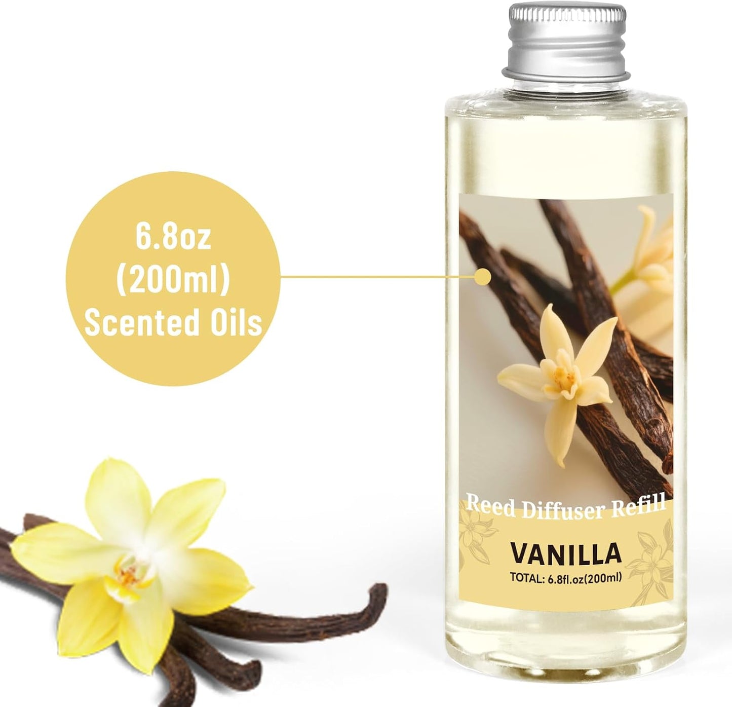 STRN Reed Diffuser Oil Refill, Vanilla Scented Diffuser Oil Refills with 6 Reed Sticks 200ML(6.8fl.oz), Room Fresheners for Home, Long-Lasting Summer Fragrance for Living Room, Bedroom, Office