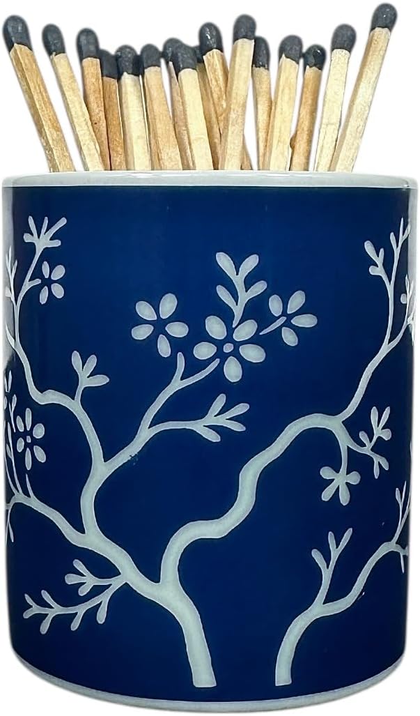 Hapton House Chinoiserie Long Match Holder with Striker – Tall Design for 3", 4", 5" Matches – Rare Vintage Style Soft Blue Porcelain with Cobalt Chinoiserie Patterns – MATCHES NOT INCLUDED (Style C)