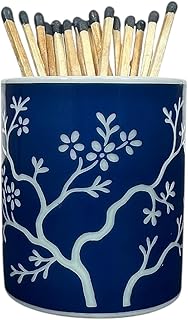 Hapton House Chinoiserie Long Match Holder with Striker – Tall Design for 3", 4", 5" Matches – Rare Vintage Style Soft Blue Porcelain with Cobalt Chinoiserie Patterns – MATCHES NOT INCLUDED (Style C)
