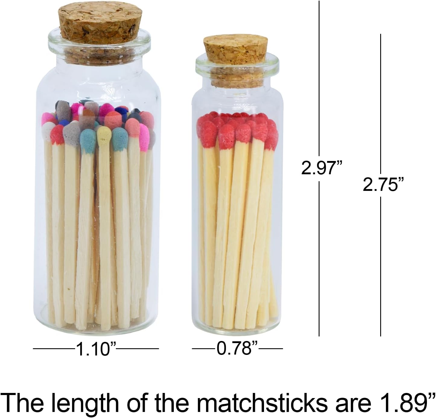 Chandler Studio Colorful Small Match Bottles - Cork Closure - Strike-on Jars - 2” Matchsticks (10 Bottles, 40 Matchsticks Bottle)