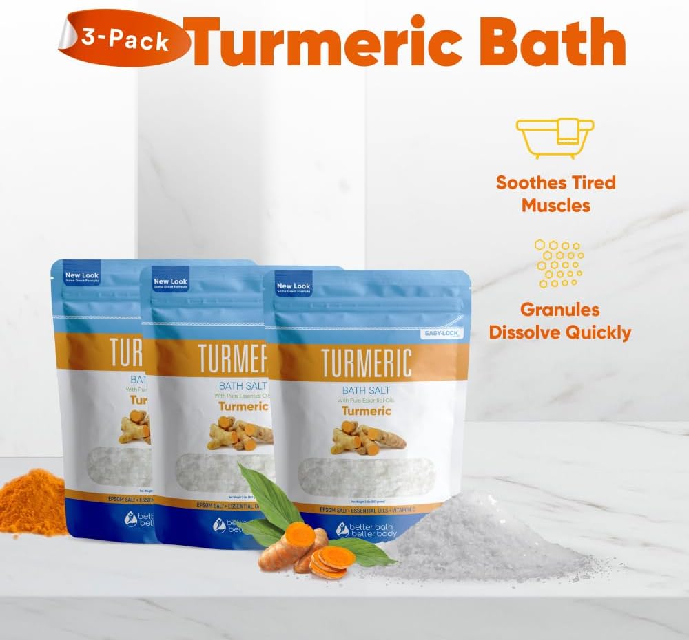Turmeric Bath Salt (3 Pack 6 Lbs Total) Soothing Bath Aromatherapy Pure Essential Oils in BPA Free Pouch with Press Lock Seal Made in USA Three 2 Lbs Bundle