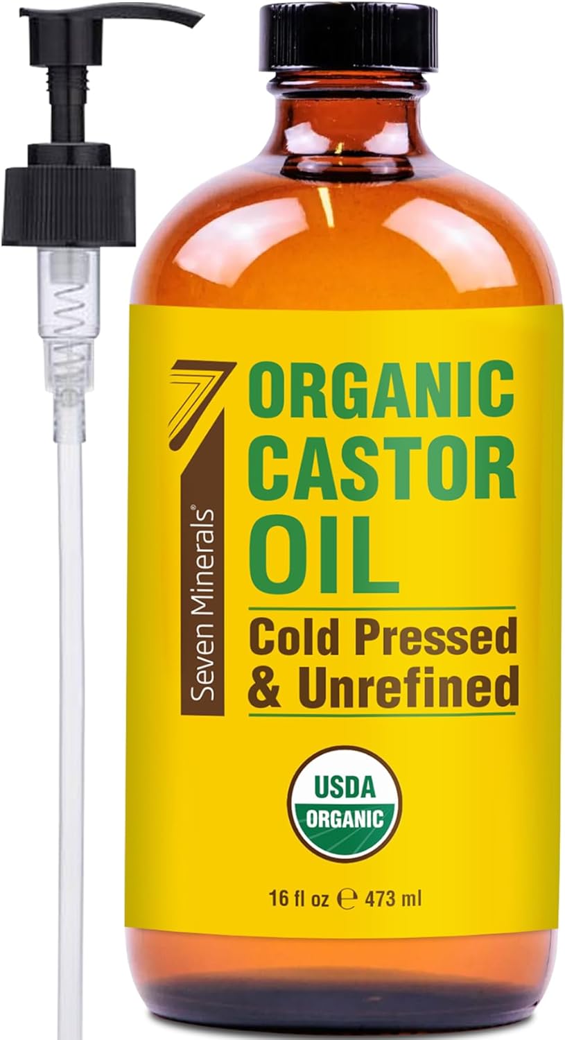 Seven Minerals USDA Organic Castor Oil - Big 16 oz Glass Bottle with Pump - 100% Pure Cold Pressed Unrefined Hexane Free