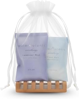 Water Scents Spa Gift Set Bundle for Women – Bamboo Bath Tray, Lavender Bath Block & Body Wash Bar – Relaxing Gift for Her, Self Care Set, Birthday Present, Bath Essentials for Home Use
