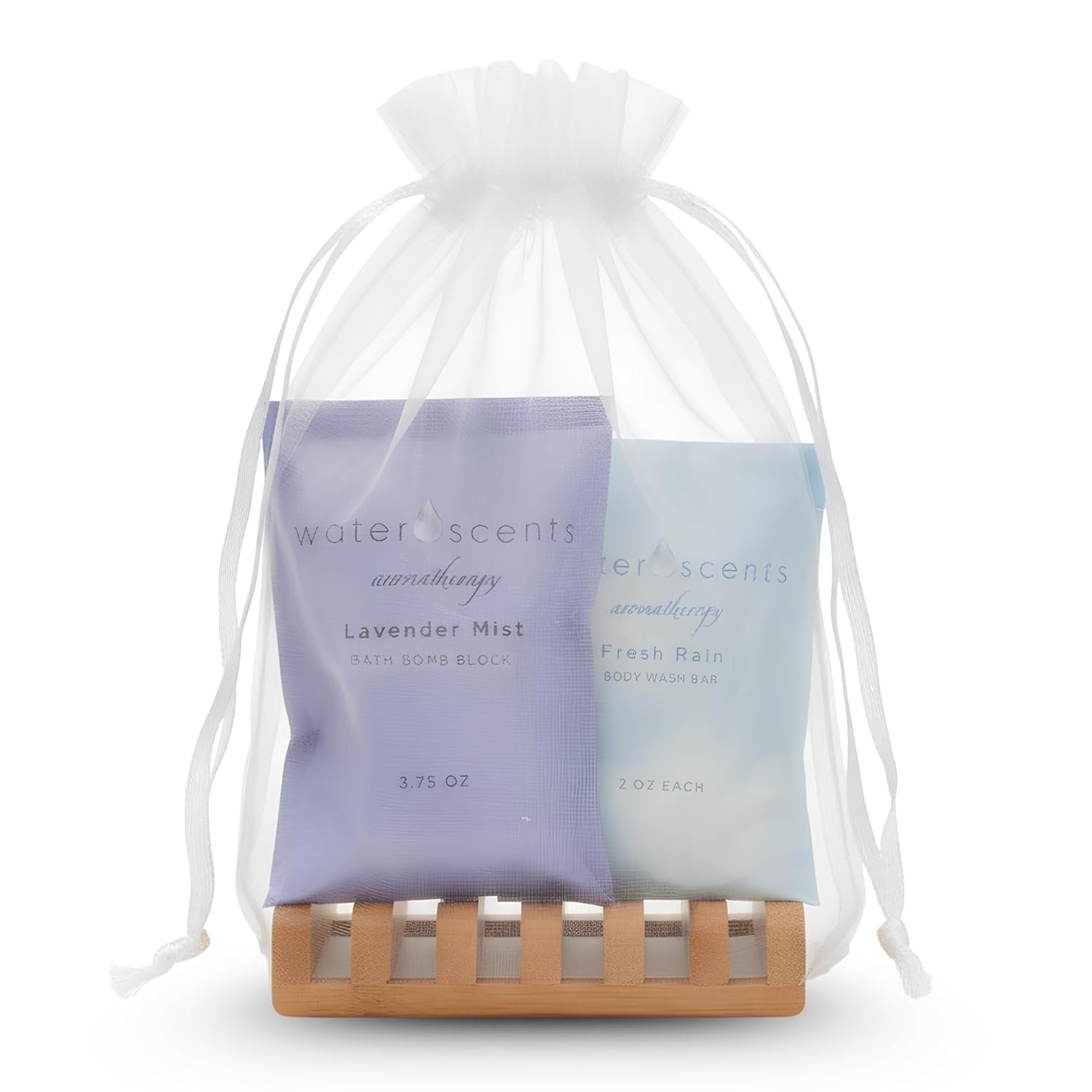 Water Scents Spa Gift Set Bundle for Women – Bamboo Bath Tray, Lavender Bath Block & Body Wash Bar – Relaxing Gift for Her, Self Care Set, Birthday Present, Bath Essentials for Home Use
