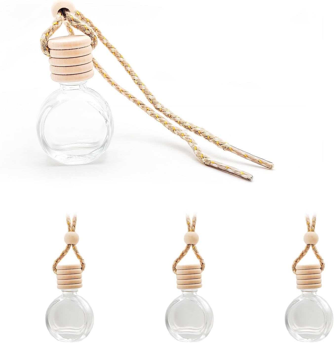 4 PCS Hanging Car Air Freshener, 10ml Empty Glass Perfume Bottle Pendant with Wooden Caps & Ropes, Essential Oil Fragrance Ornament Mini Interior Decoration for Most Vehicles (Oblate)