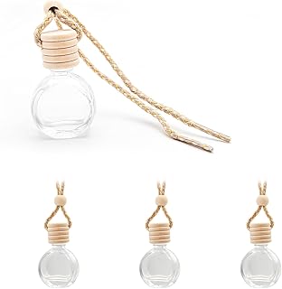 4 PCS Hanging Car Air Freshener, 10ml Empty Glass Perfume Bottle Pendant with Wooden Caps & Ropes, Essential Oil Fragrance Ornament Mini Interior Decoration for Most Vehicles (Oblate)