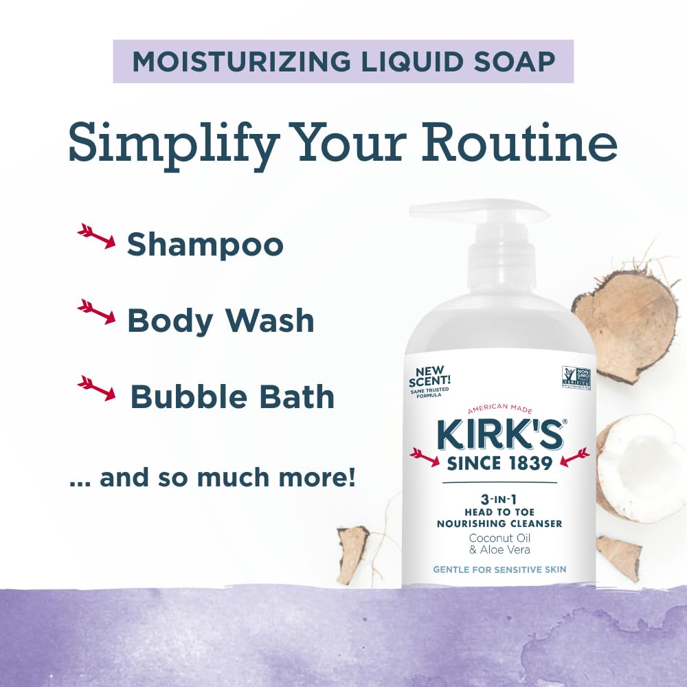 Kirk's Lavender & Vanilla 3-in-1 Nourishing Cleanser, Shampoo Body Wash Bubble Bath, Coconut Oil and Aloe Vera, Vegan Non-GMO, 32 Fl Oz