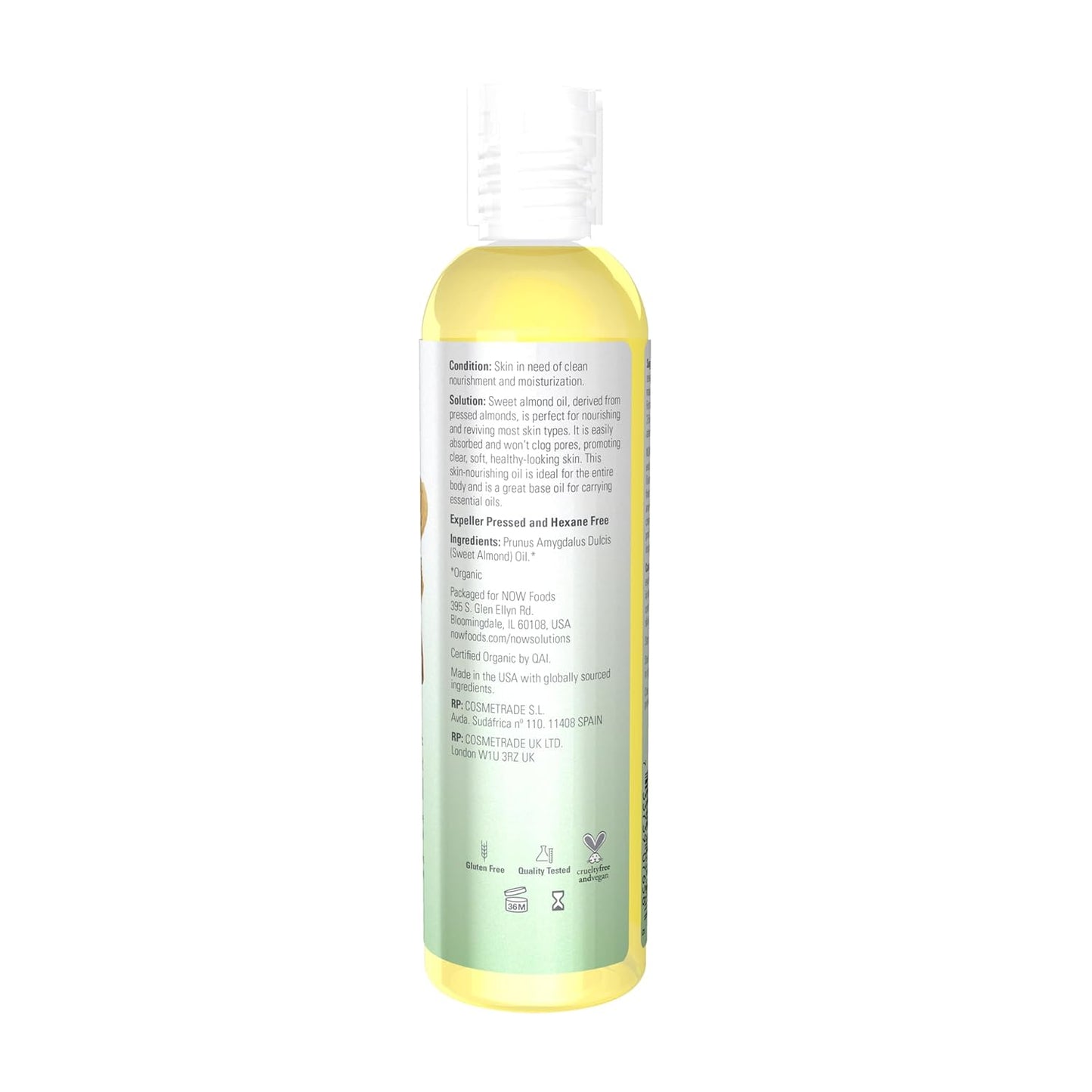 NOW Foods Solutions, Organic Sweet Almond Oil, 100% Pure Moisturizing Oil, Promotes Healthy-Looking Skin, Unscented Oil, 8-Ounce