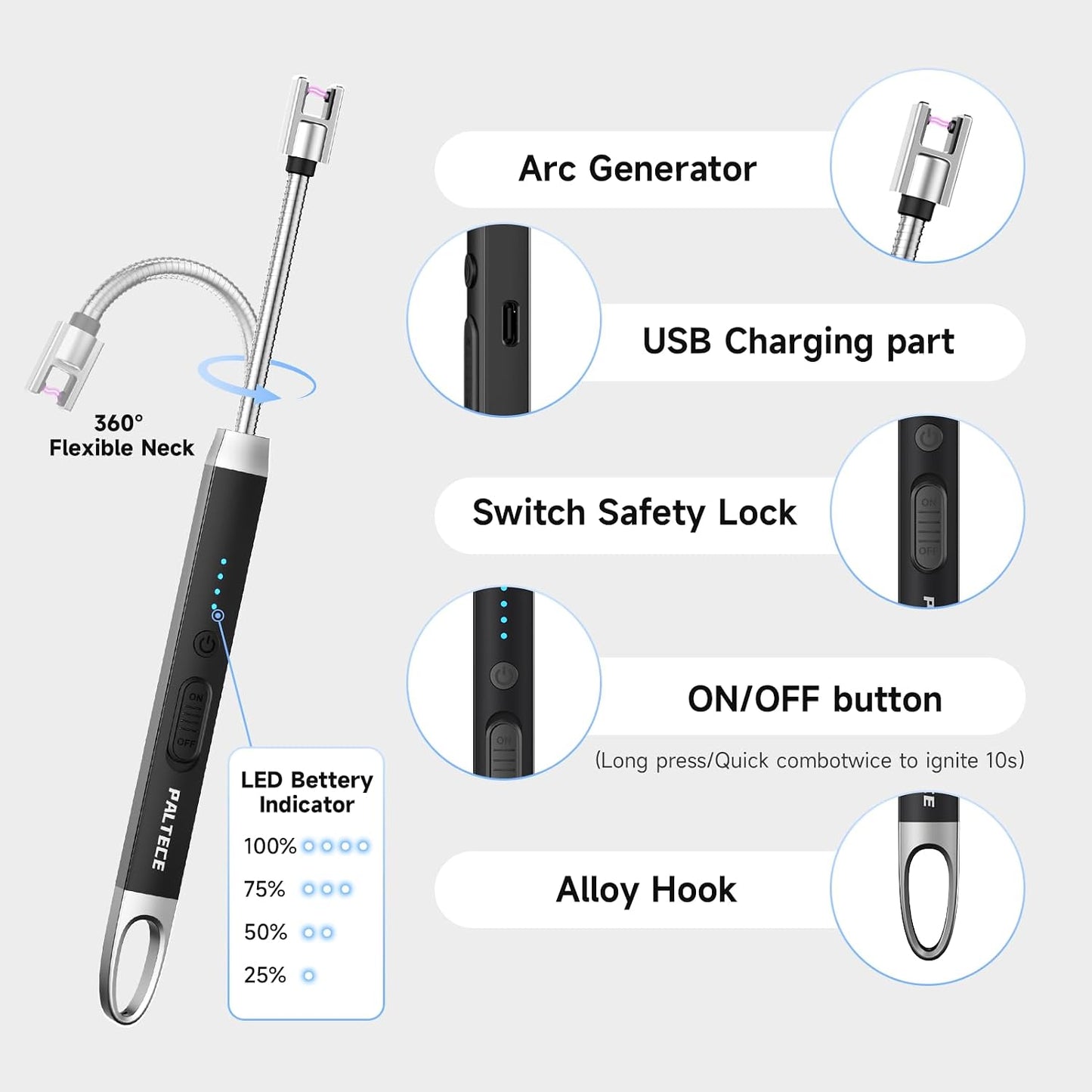 Electric Candle Lighter, USB-C Rechageable Arc Lighters for Camping, Long Lighter with 360° Flexible Neck & Safety Switch, Windproof lighters for BBQ, Gift for Mom, Wife (Black)