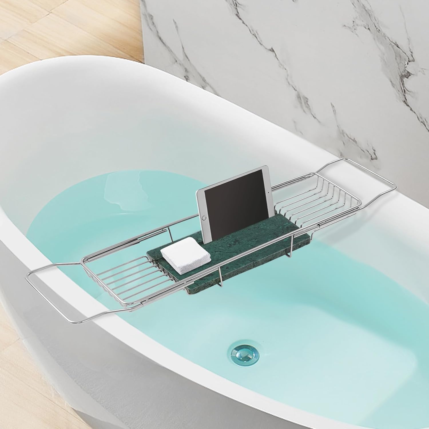Expandable Bathtub Tray Caddy, Stainless Steel Bath Table Tray Adjustable & Rustproof Bath Caddy Bath Organizer Tub Shelf with Marble Board for Spa, Relaxation, Bath Bombs (Silver + Green)