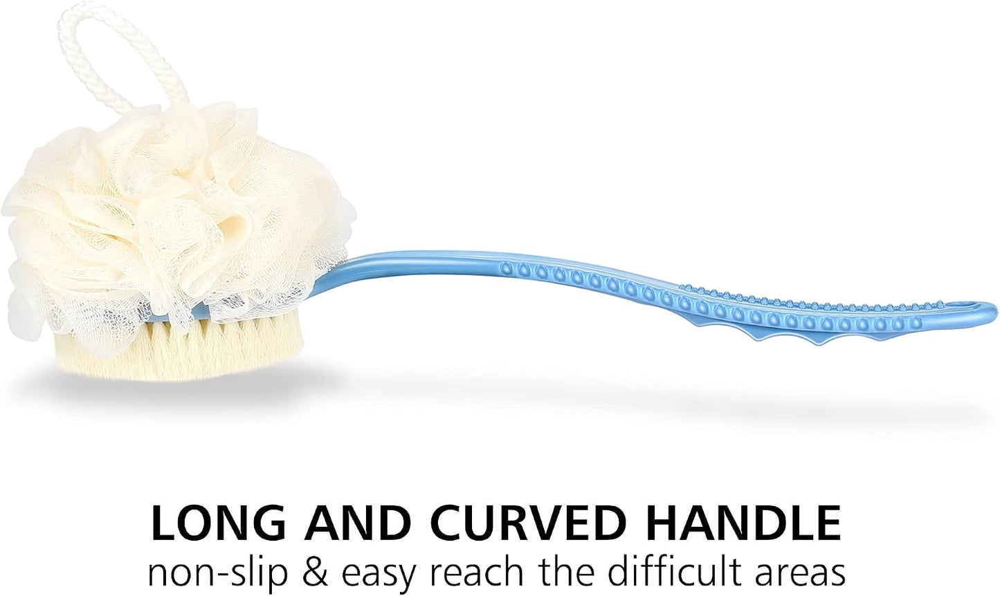 Shower Body Brush with Bristles and Loofah,Back Scrubber Bath Mesh Sponge with Curved Long Handle for Skin Exfoliating Bath, Massage Bristles Suitable for Wet or Dry, Men and Women (Blue)