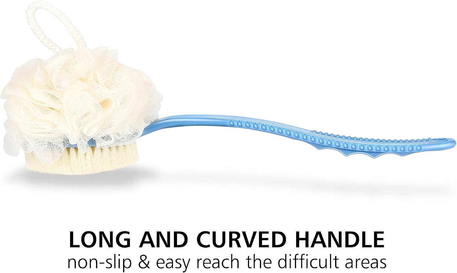 Shower Body Brush with Bristles and Loofah,Back Scrubber Bath Mesh Sponge with Curved Long Handle for Skin Exfoliating Bath, Massage Bristles Suitable for Wet or Dry, Men and Women (Blue)