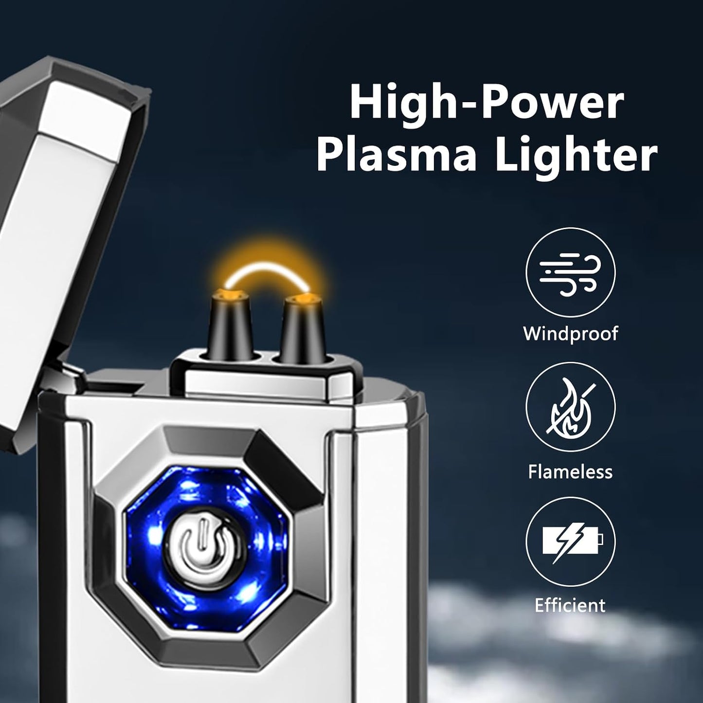 BABOBIU High-Power Arc Lighter - USB Rechargeable Windproof, Zinc Alloy Body with Battery & Ignition Display, Tactical EDC Gear for Home Use, Camping, Candle Lighting (Silver)