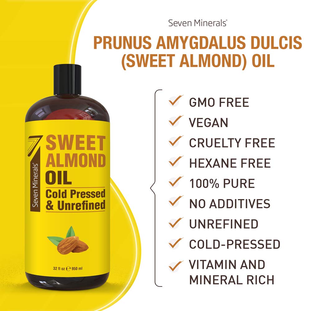 Seven Minerals, Pure Cold Pressed Sweet Almond Oil - Big 32 fl oz Bottle - Unrefined &100% Natural - For Skin & Hair, with No Added Ingredients - Perfect Carrier Oil for Essential Oils
