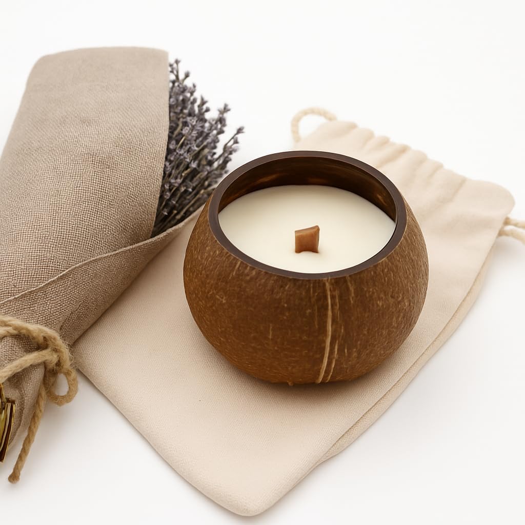 Coconut Shell Candle with Wooden Wick – Lavender Scented, 100% Natural Coconut & Soy Wax, Hand-Poured, Eco-Friendly Decorative Candle, 6oz Gift