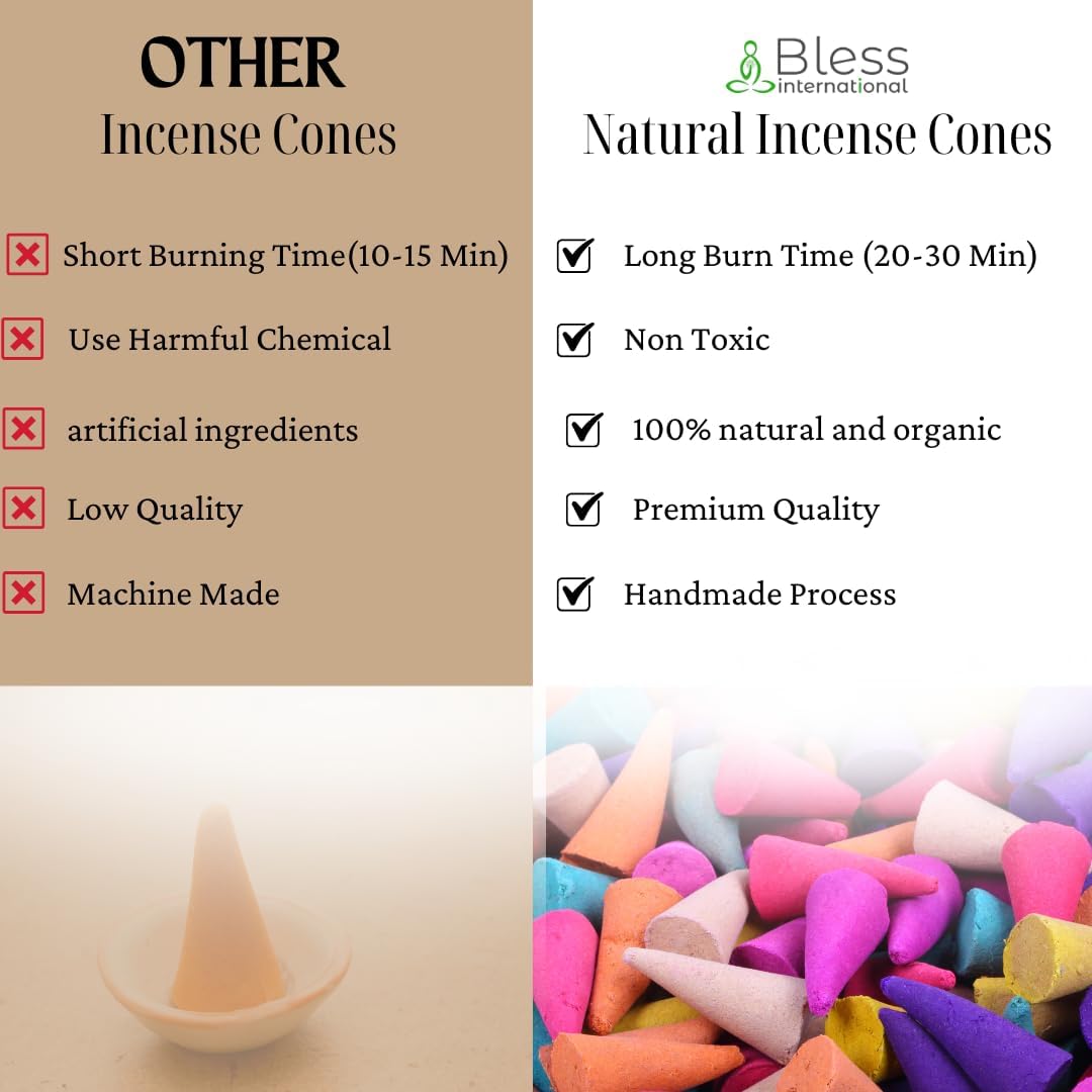 Bless International Coffee and Vanilla 100%-Natural-Incense-Cones Handmade-Hand-Dipped Organic-Chemicals-Free for-Purification-Relaxation-Positivity-Yoga-Meditation The-Best-scents (60 Count)