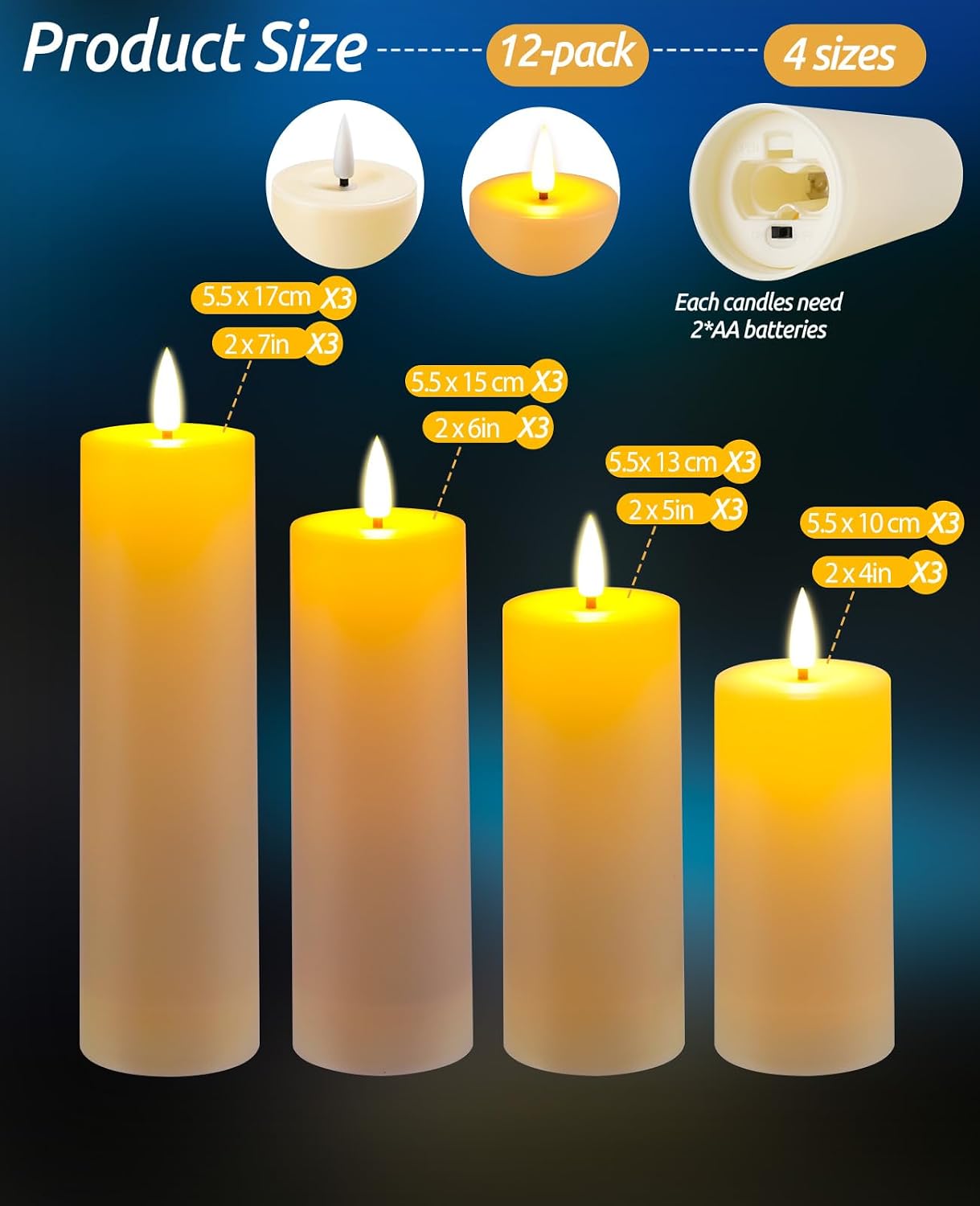 12 Pack Outdoor Waterproof Battery Operated Fake flameless LED Candles Set with Remote Control Timer, Warm White Decorative Candles for Patio Garden Wedding Table Centerpiece Home Decor