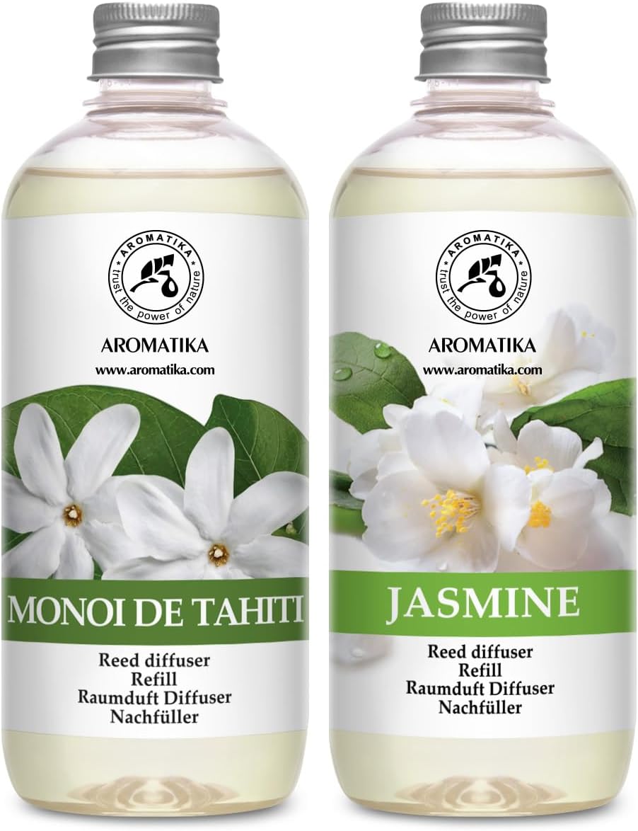 Reed Diffuser Refill Monoi de Tahiti and Jasmine Reed Diffuser Refill - 2 x 17.0 Fl Oz - Room Freshener - Fresh & Long Lasting Fragrance - for Aromatherapy - Gift Idea