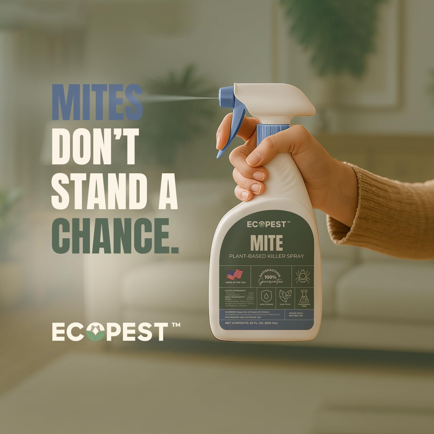 Mite Spray – Natural Killer for Dust, Bird, Spider & Other Mites | Bedding & Furniture-Safe | Treatment for Chickens, Poultry, Dogs, Cats, Reptiles & Other Pets | Indoor & Outdoor (22 oz)