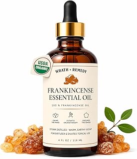 Organic Frankincense Essential Oil — USDA Certified, Premium Steam-Distilled & Undiluted Boswellia Resin — 100% Pure Frankincense Oil for Skin, Aromatherapy, Diffuser & More (Amber Glass Bottle, 4OZ)