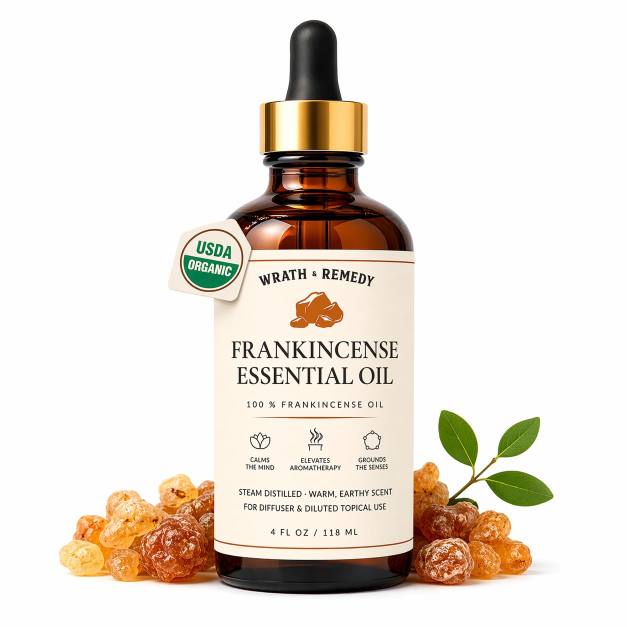 Organic Frankincense Essential Oil — USDA Certified, Premium Steam-Distilled & Undiluted Boswellia Resin — 100% Pure Frankincense Oil for Skin, Aromatherapy, Diffuser & More (Amber Glass Bottle, 4OZ)