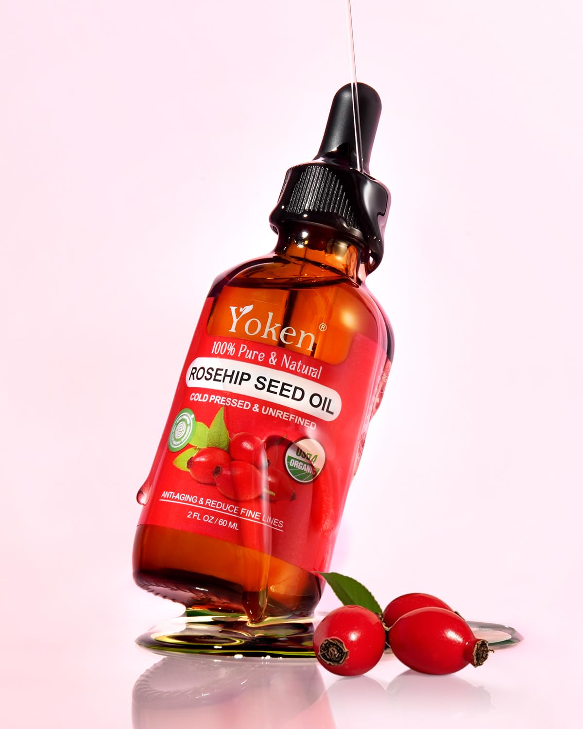 Yoken Organic Rosehip Seed Oil for Face, 100% Pure and Natural Cold Pressed Unrefined Rosehip Oil Carrier for Skin, Hair & Nails - Lightweight, Fast-Absorbing (2 fl oz)
