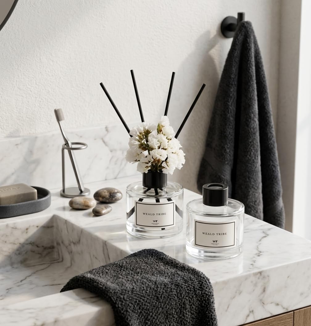 WEALD TRIBE Real Flower Reed Diffuser Set of 3 for Bathroom Shelf Decor, Cashmere & Vanilla, Lemongrass, Eucalyptus & Mint Scent Sticks Defusers with Essential Oils | Home Fragrance(1.7 fl oz/Pack)