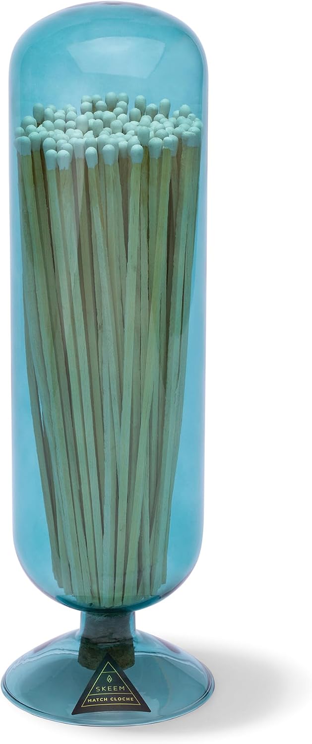 Skeem Fireplace Glass Match Cloche - Teal - Includes 120 Long Matches - Perfect Fireplace Matches, Decorative Matchsticks in a Jar