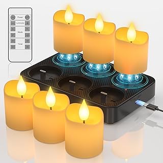 SoulBay Flameless Candles Rechargeable with Remote, 6pcs Electric LED Fake White Votive Candles with Charging Base and Timer, Flickering Decorative Lights for Home Table Holidays Christmas Décor