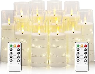 Sasigeiaa Flameless Candles with Embedded Star String - Battery Operated LED Candles, with Remote,12 White Flickering Candles for Christmas, Weddings, Home Decor & Party,(D 2.3"×H 5" 6" 7")