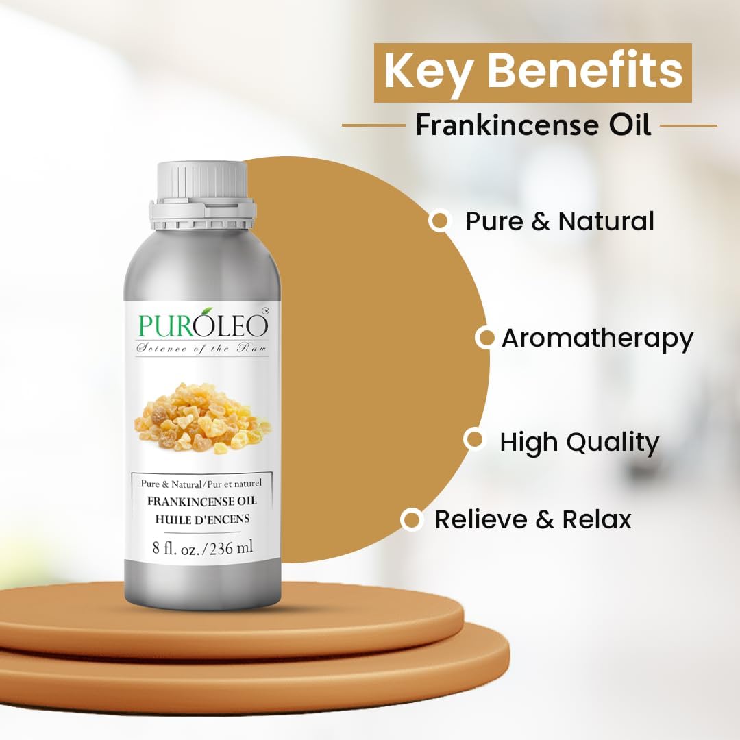 PUROLEO Frankincense Essential Oil 8 Fl Oz/236 ML (Packed in Canada) 100% Pure Natural Undiluted, for Aromatherapy, Perfume for Women, Fragrance, Massage, Essential Oil for diffusers Aromatherapy