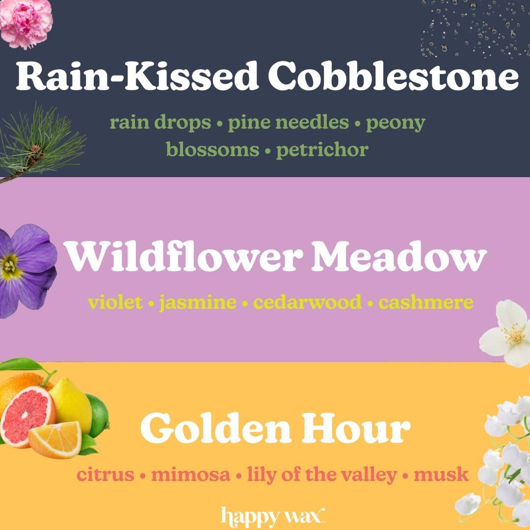 Happy Wax Fresh Spring Day Mix Premium Scented Natural, Non Toxic Soy Wax Melts – 6 Total Oz. of Scented Wax Melts Includes: Wildflower Meadow, Rain-Kissed Cobblestone and Golden Hour