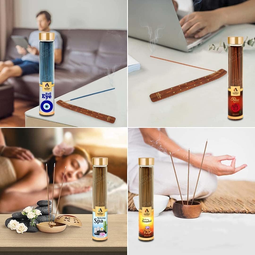 The Aroma Factory Organic Incense Sticks Aromatic Fragrances | Kesar Chandan, Rose, Fresh Active & Lavender | No Charcoal, Scented Incense | Herbal Pooja Agarbatti | 4x100g Jute Bag Gift Set