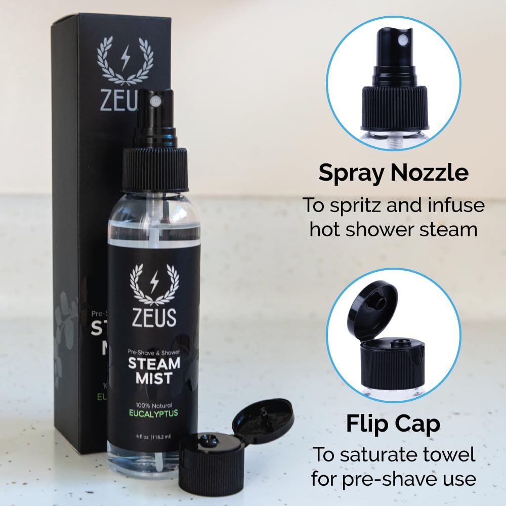 ZEUS Eucalyptus Steam Mist, Natural Aromatherapy Shower Spray (4 oz) | Created to Ease Congestion, Boost Clarity, Prep Skin for Grooming & Elevate Bath with Pure Eucalyptus Oil (Made in USA)