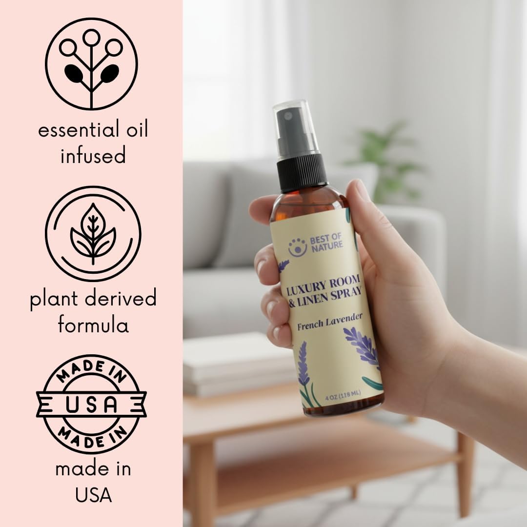 Best of Nature Luxury Room & Linen Spray – All-Natural Essential Oil Air Freshener for Home, Bedroom, Bathroom & Linens – Plant-Based, Family-Safe, Relaxing Aromatherapy Mist (French Lavender)