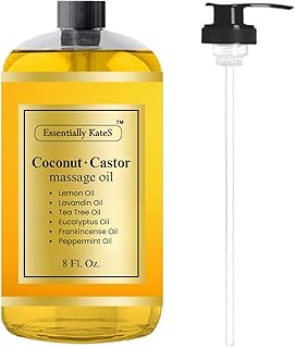 Essentially KateS Coconut + Castor Massage Oil 8 Fl Oz - Multi-Purpose Moisturizer - Infused with 100% Pure Essential Oils - Skin Care, Body Massage, Hair Care, & Nail Care
