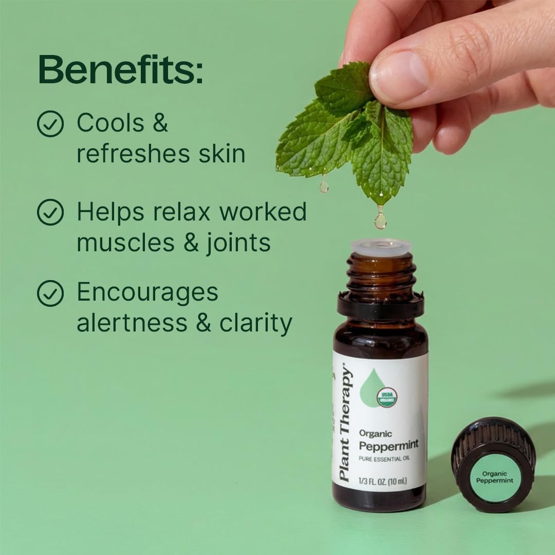 Plant Therapy Organic Peppermint Essential Oil 10 mL (1/3 oz), 100% Pure, Undiluted, USDA Certified Organic, Undiluted, Natural Aromatherapy, for Neck Tension and Muscle Discomfort