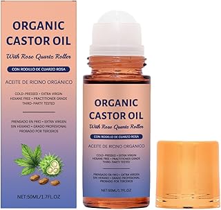 Organic Golden Castor Oil Roll-On with Rose Quartz | Cold-Pressed, Hexane-Free | Less Mess Applicator for Castor Oil Packs, Skin, Brows & Lashes
