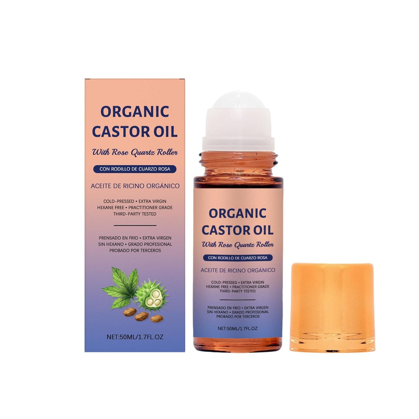 Organic Golden Castor Oil Roll-On with Rose Quartz | Cold-Pressed, Hexane-Free | Less Mess Applicator for Castor Oil Packs, Skin, Brows & Lashes
