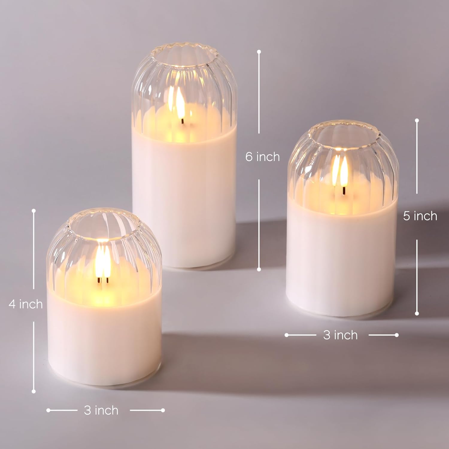 Clear Glass Flameless Candles with Remote, Flickering LED Pillar Candles Battery Powered Ribbed Dome Top Set of 3