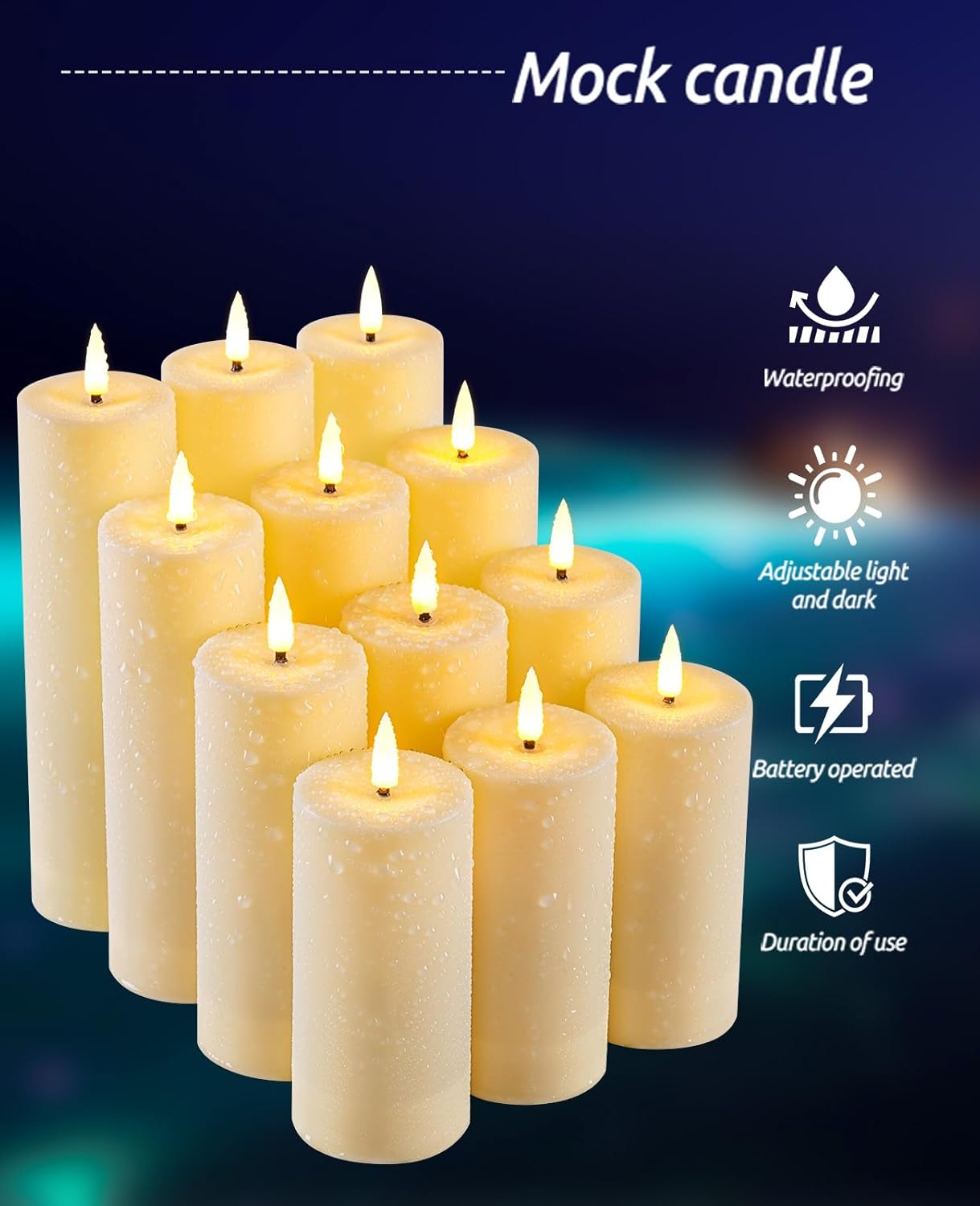 12 Pack Outdoor Waterproof Battery Operated Fake flameless LED Candles Set with Remote Control Timer, Warm White Decorative Candles for Patio Garden Wedding Table Centerpiece Home Decor