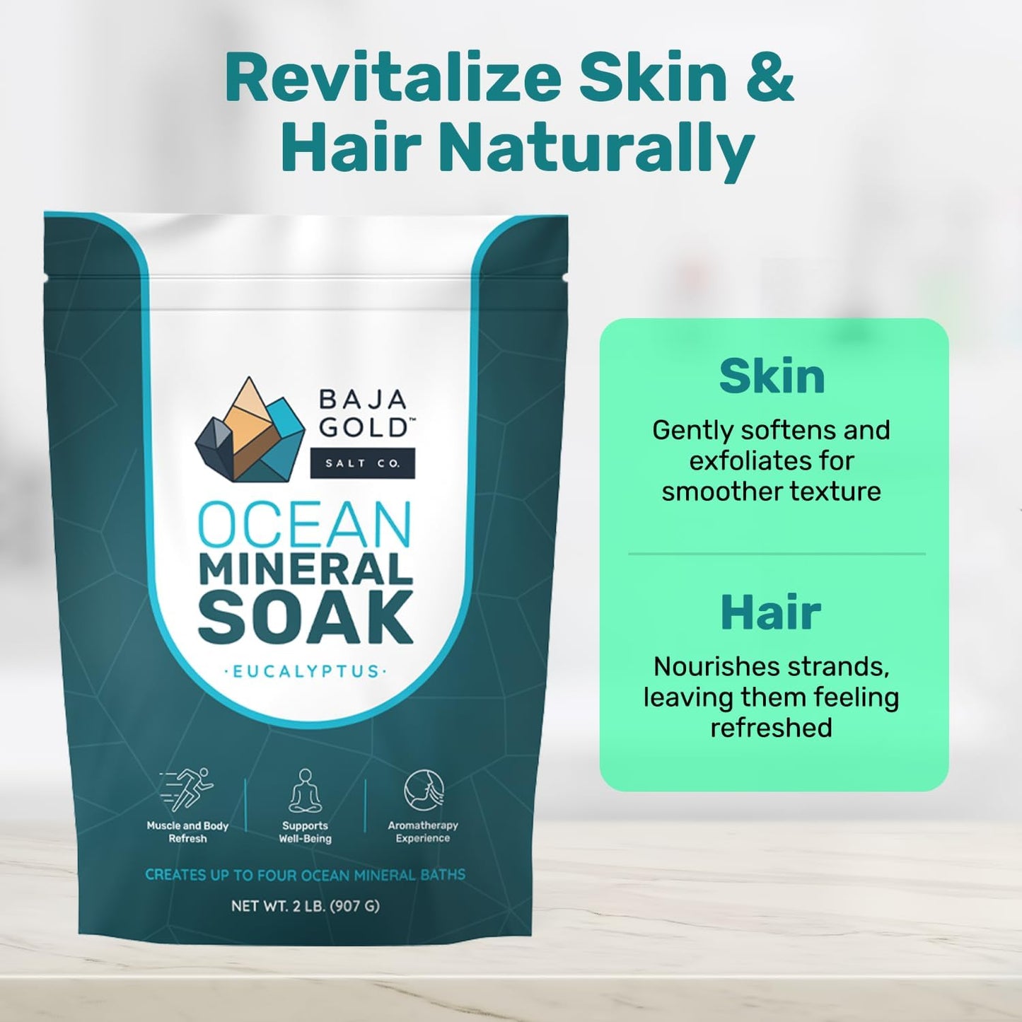 Baja Gold Ocean Mineral Soak Bundle – Unscented + Eucalyptus | Natural Magnesium Bath Soak with Trace Minerals | Relaxing, Clean Self-Care for Bath, Foot Soaks & Skin | 2 x 2 lb Resealable Bags
