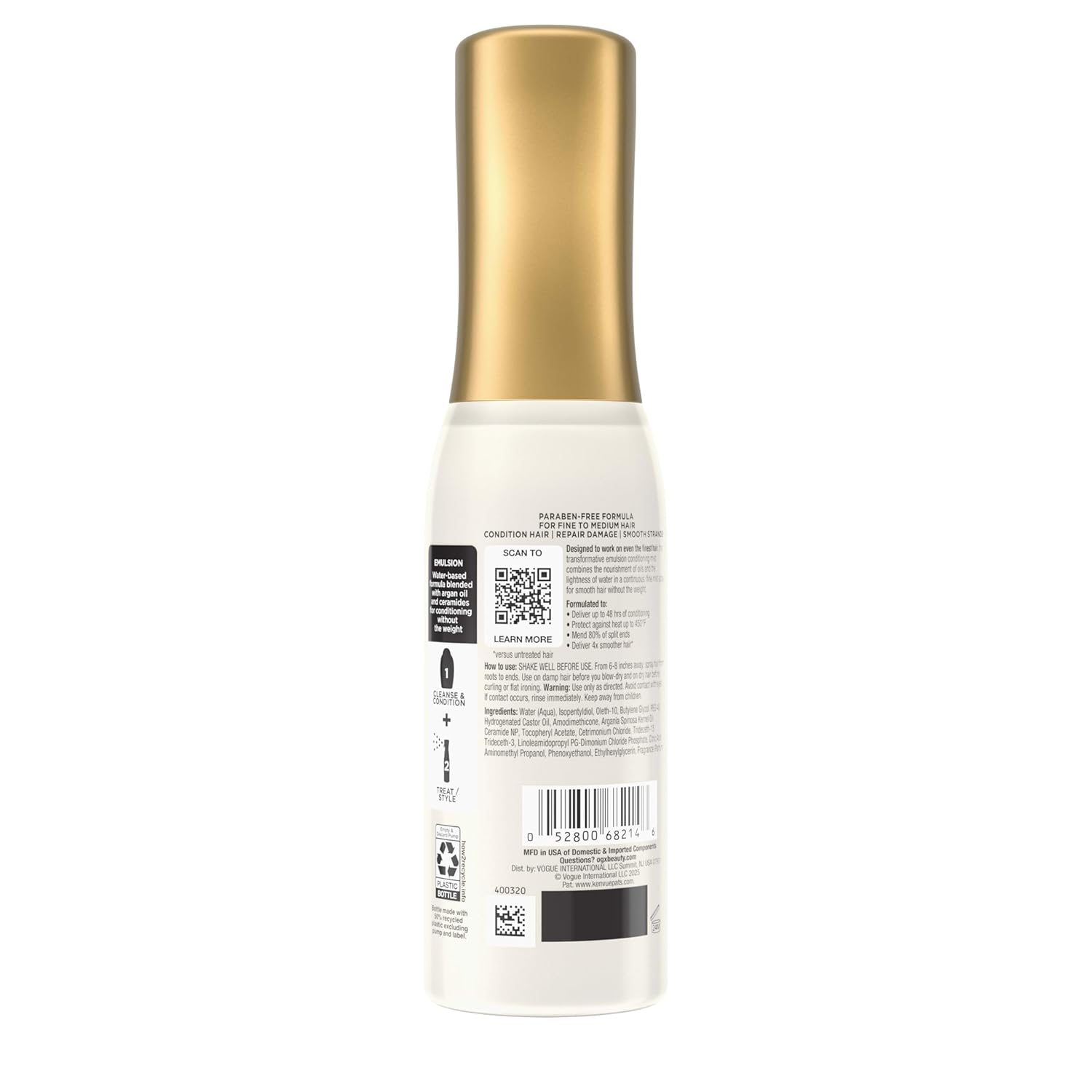 OGX Smooth Emulsion + Argan Oil Conditioning Hair Mist, Damage Repair Spray with Ceramides for 4x Smoother Hair* for up to 48 Hours Without the Weight, 450°F Heat Protection, 6.5 fl. oz