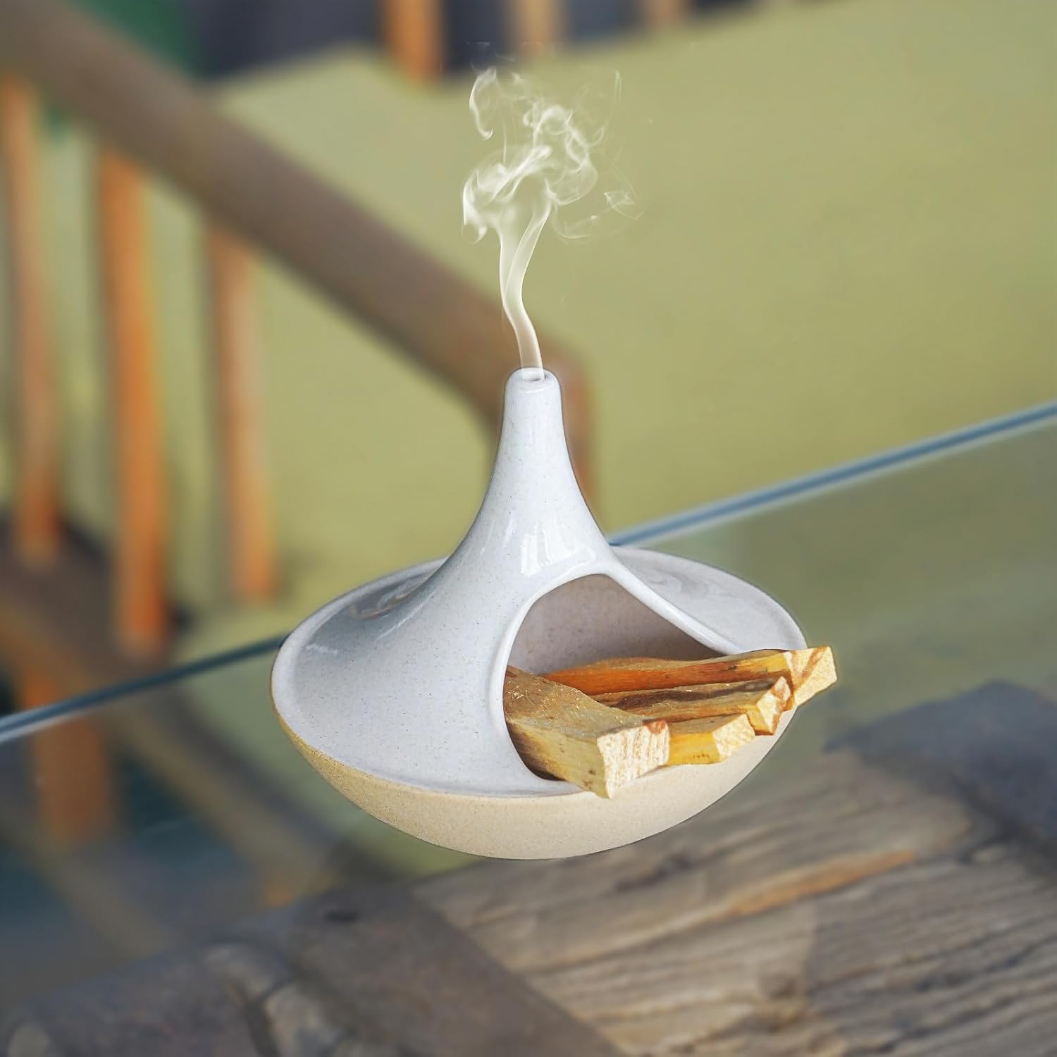 3 in 1 Incense Holder for Palo Santo Sticks Sage Bundles Cone Incense, Handcrafted Ceramic Incense Burner Holder Ash Catcher with Chimney, Smudge Bowl for Yoga Meditation Home Decor (Chimney White)